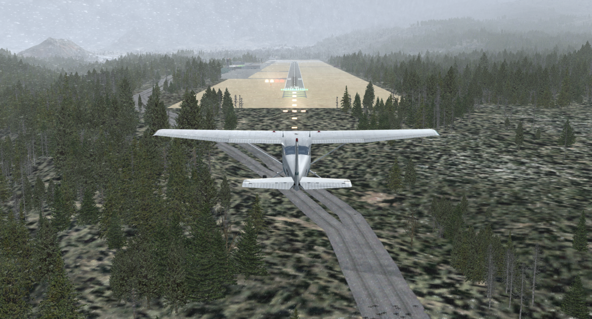 Simulated airplane landing in clouds